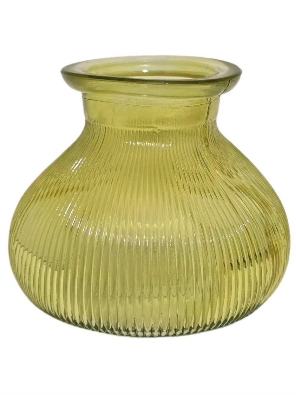 VASE 5" Yellow Glass Ribbed Fluted Vintage Mid Century Squat Boho Art Deco